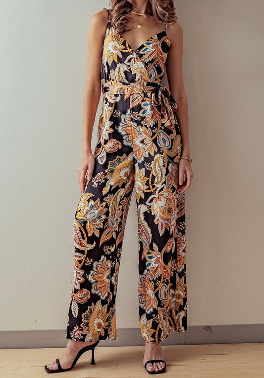 1225 Sleeveless V-Neck Floral Print Jumpsuit