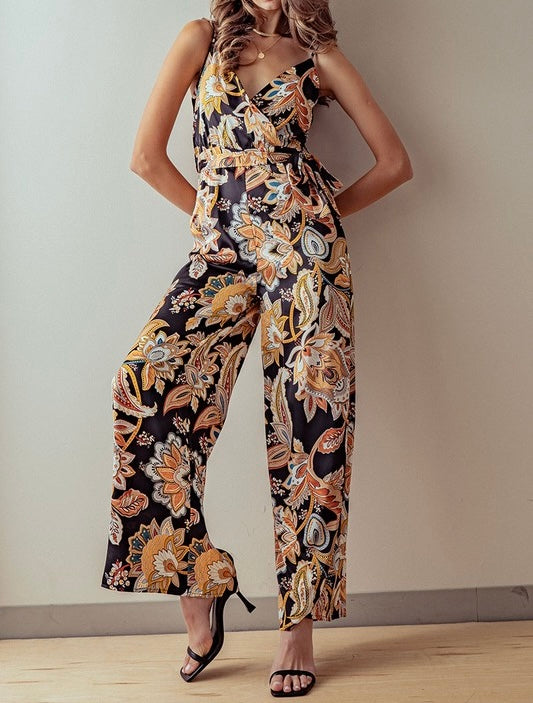 1225 Sleeveless V-Neck Floral Print Jumpsuit