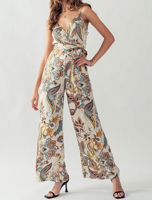 1225 Sleeveless V-Neck Floral Print Jumpsuit