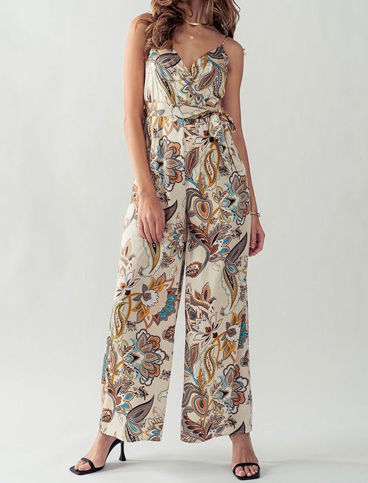 1225 Sleeveless V-Neck Floral Print Jumpsuit